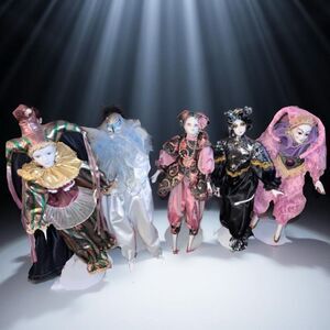 5 Harlequin Porcelain Clown Jester Doll Hands Feet Hand Painted Art W/ Stands 18